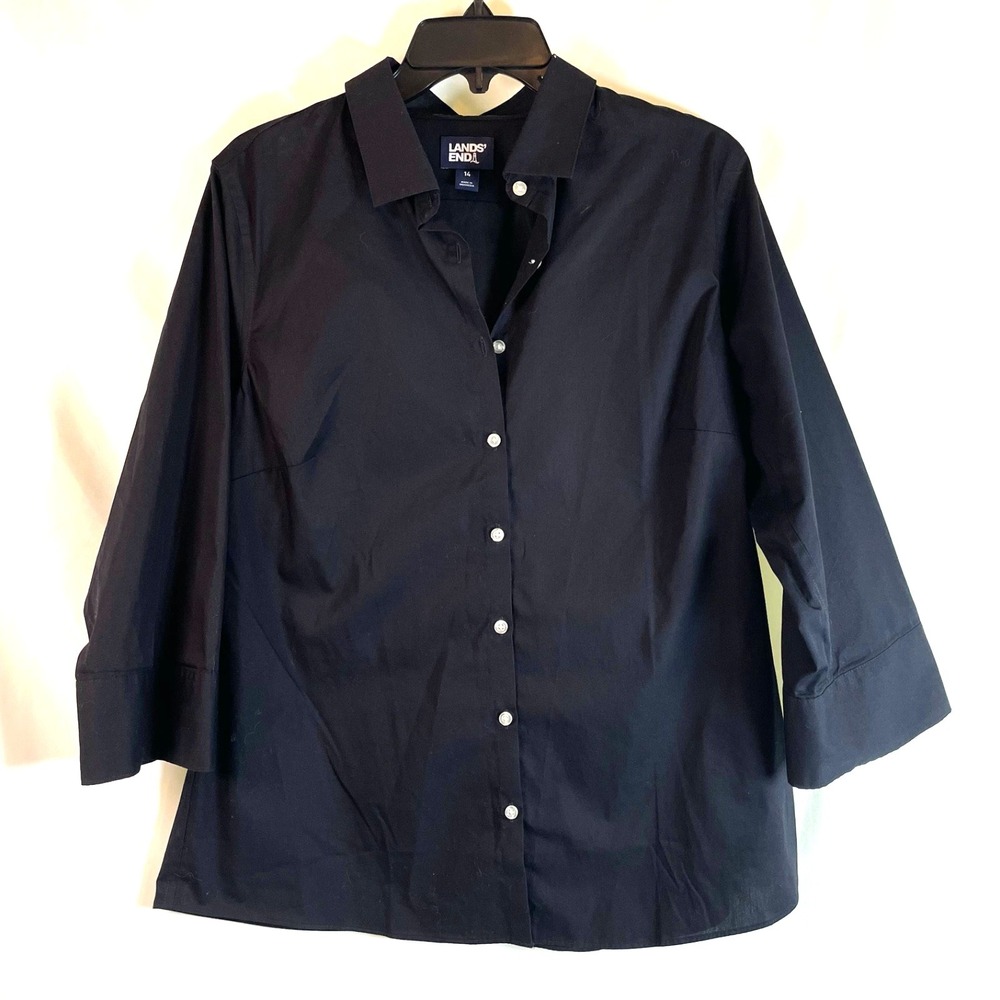 Land's End Classic Black Shirt 14 Stretch Broadcloth Women's 3/4 Sleeve